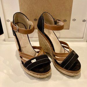 Espadrille Wedge Sandals, Blue/tan leather Size 7